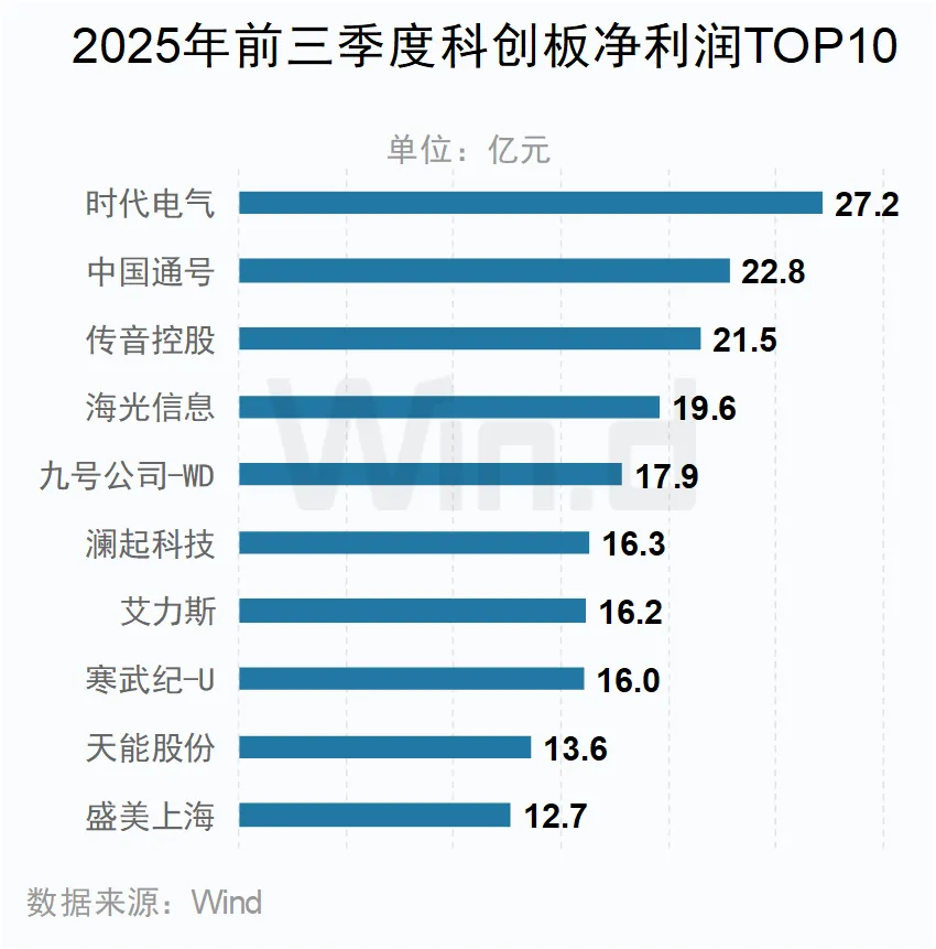 2025年前三季度科創板凈利潤TOP10