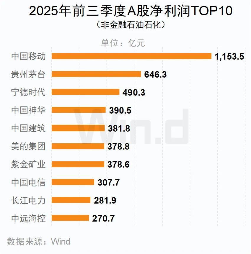 2025年前三季度A股凈利潤TOP10（非金融石油石化）